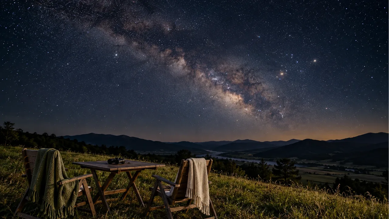 A wide view of a pristine dark night sky filled with stars and the Milky Way above a grassy hill with wooden chairs, blankets, and binoculars on an outdoor table