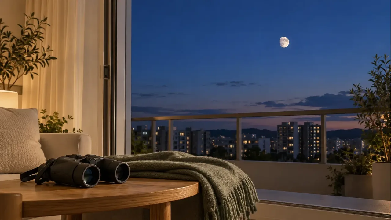 Binoculars and a folded blanket on an oak table beside a balcony overlooking rooftops and a bright Moon in a blue evening sky