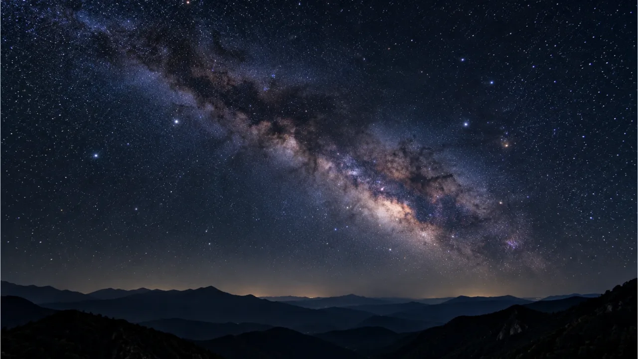 The Milky Way spread across the night sky above a dark mountain ridge