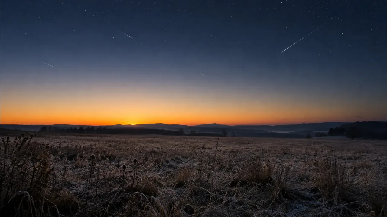 A field at dawn with the horizon glowing orange and meteors streaking across the sky