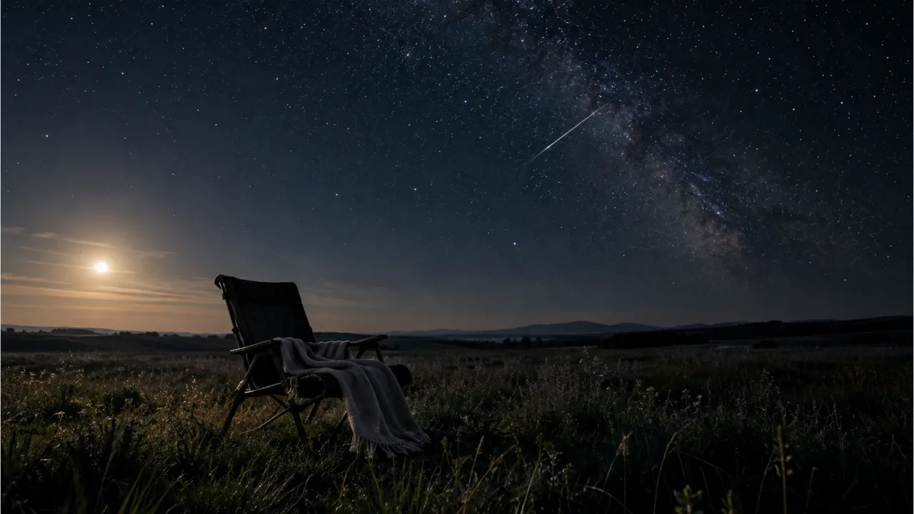 A night with a folding chair and a blanket in a dark field and meteors streaking across the sky