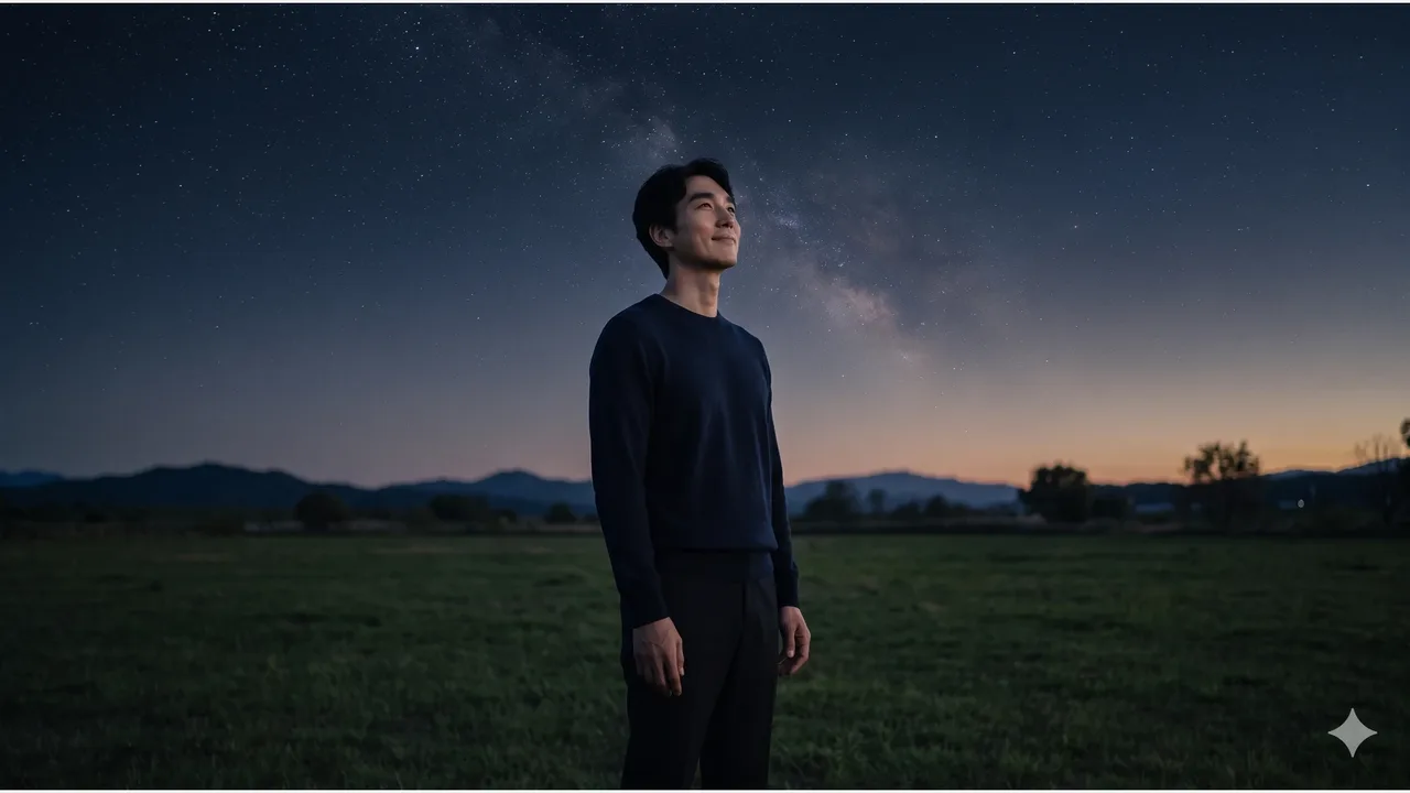 A man in a navy knit sweater looking up at a starry sky in a quiet countryside field after the Moon has set