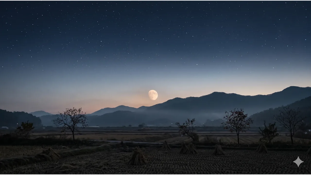 A round Moon low over a mountain ridge and harvested rice fields, with the upper sky full of stars