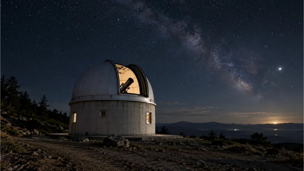 A small observatory with its dome roof open under a starry night sky